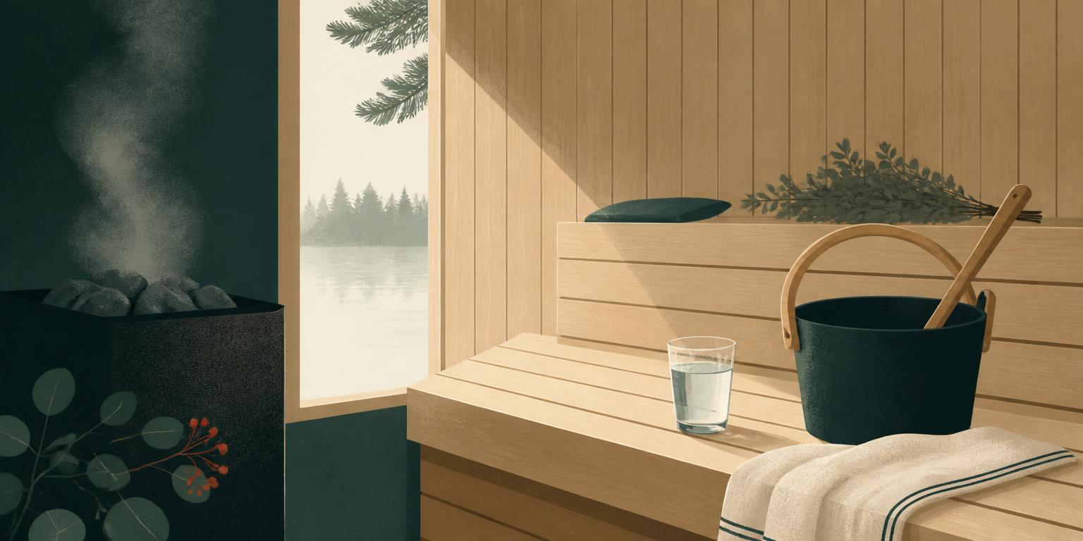 Illustration av finsk bastu med vattenglas och basturis – kombinationen alkohol och bastu är dokumenterat farlig.