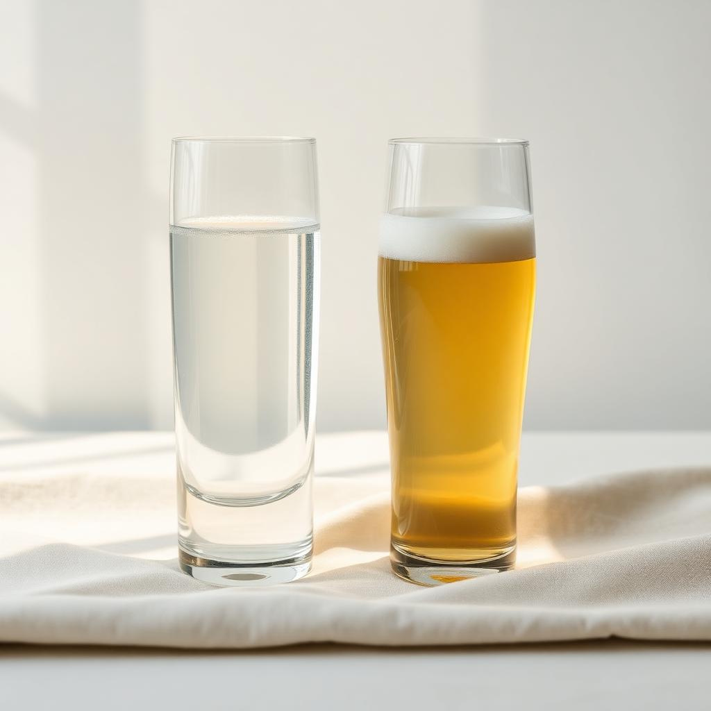 Ett glas vatten och ett glas öl på bardisk – alkoholtest och bästa alkomätaren